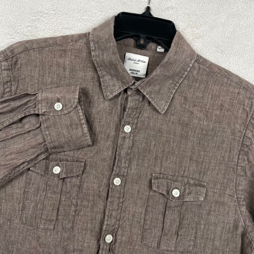 Murano Baird Mcnutt Shirt Mens Large Slim Fit 100% Linen Brown Roll Tab Buton